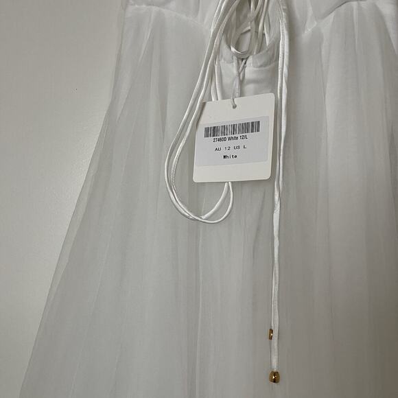 NEW! Selfie Leslie Floating By Plunging Neckline Mesh Overlay Midi Dress White L - Picture 11 of 13